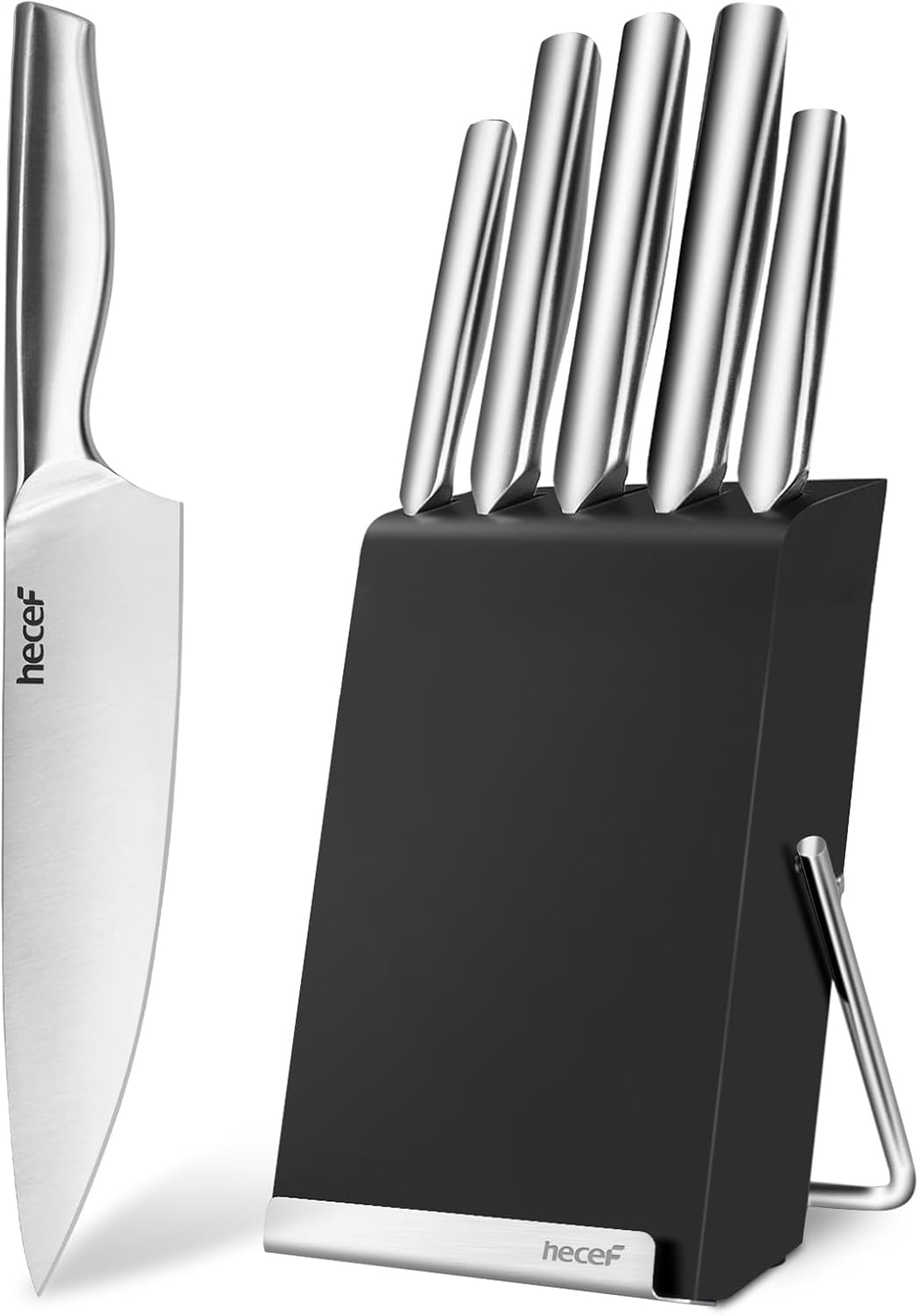 Silver Kitchen knife set of 5, Satin Finish Blade with Hollow Handle, includes 8" Chef, 8" Bread, 8" Santoku, 5" Utility and 3.5" paring knife