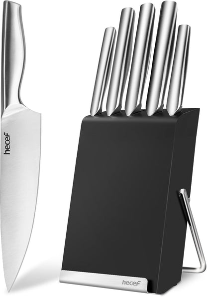 Silver Kitchen knife set of 5, Satin Finish Blade with Hollow Handle, includes 8" Chef, 8" Bread, 8" Santoku, 5" Utility and 3.5" paring knife