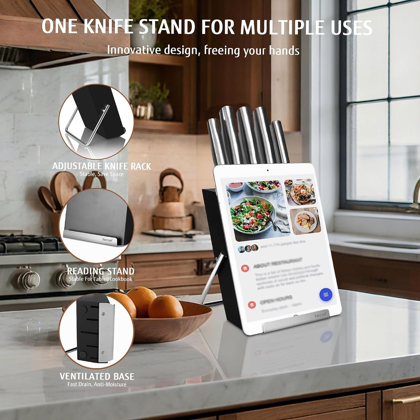 Silver Kitchen knife set of 5, Satin Finish Blade with Hollow Handle, includes 8" Chef, 8" Bread, 8" Santoku, 5" Utility and 3.5" paring knife