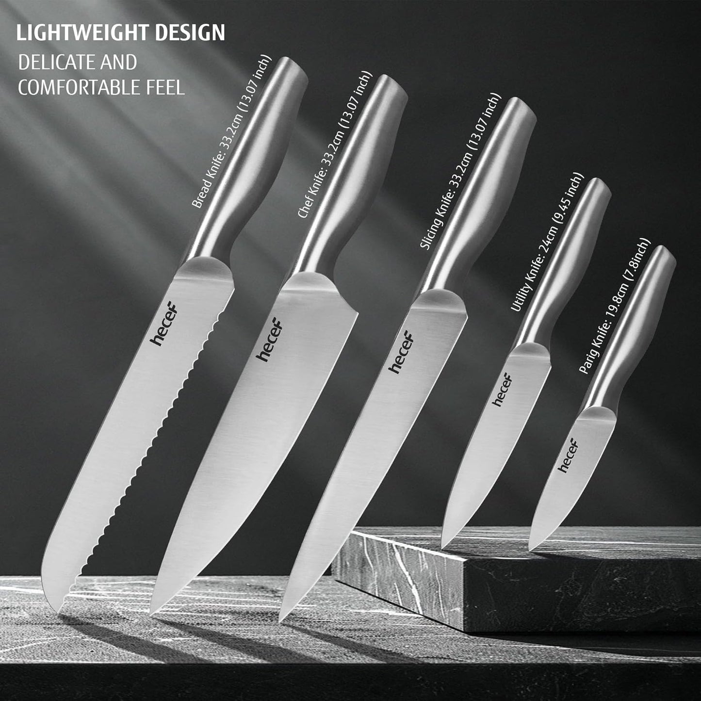 Silver Kitchen knife set of 5, Satin Finish Blade with Hollow Handle, includes 8" Chef, 8" Bread, 8" Santoku, 5" Utility and 3.5" paring knife