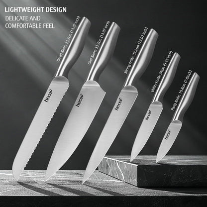 Silver Kitchen knife set of 5, Satin Finish Blade with Hollow Handle, includes 8" Chef, 8" Bread, 8" Santoku, 5" Utility and 3.5" paring knife
