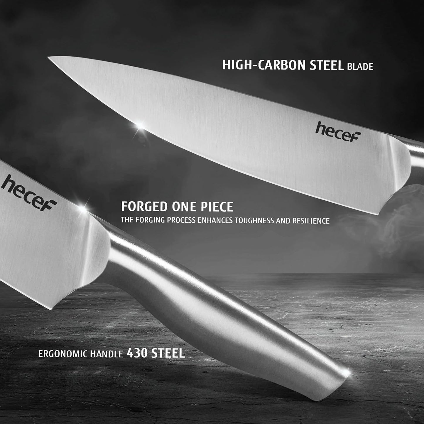 Silver Kitchen knife set of 5, Satin Finish Blade with Hollow Handle, includes 8" Chef, 8" Bread, 8" Santoku, 5" Utility and 3.5" paring knife