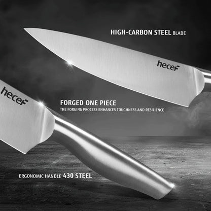 Silver Kitchen knife set of 5, Satin Finish Blade with Hollow Handle, includes 8" Chef, 8" Bread, 8" Santoku, 5" Utility and 3.5" paring knife