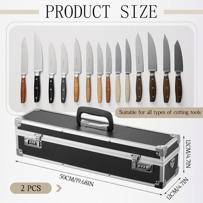 2 Pcs Chef's Knife Cases Aluminum Hard Shell with Double Combination Lock and Compartments Storage Box Portable Organizer with 8 Knife Slots for Cooking Classes