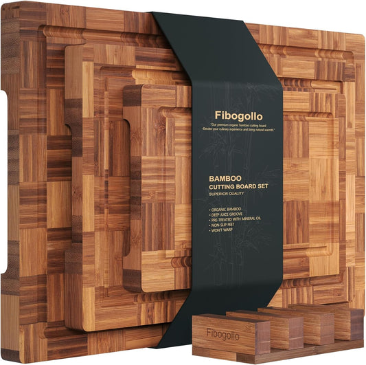 Bamboo Cutting Boards for Kitchen,Chopping Boards Set with Juice Groove,End Grain Bamboo Butcher Block,Serving Board with Holder(3 Pcs)