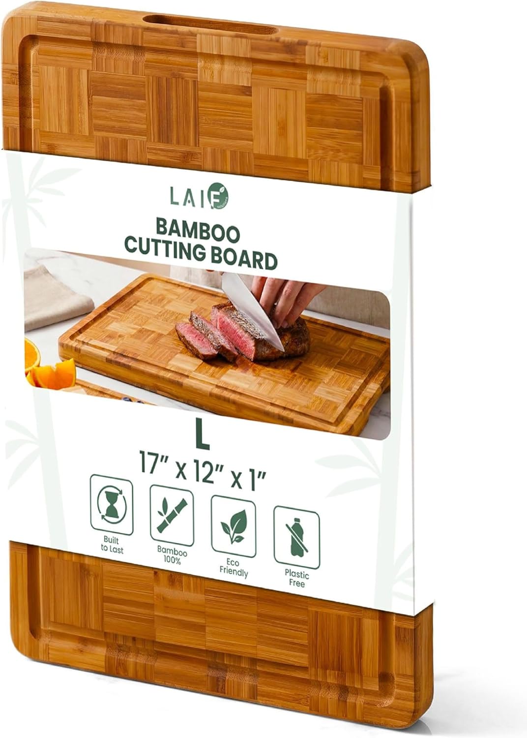 LAIFsolutions Wood Cutting Boards for Kitchen with Juice Groove, Eco-Friendly Wooden Bamboo Chopping board, Food-Safe, Non Plastic Tabla Para, Carbonized Butcher Block for Meat, Veggies Fruits, Large