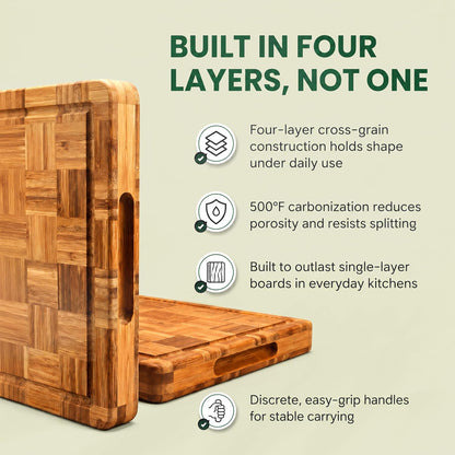 LAIFsolutions Wood Cutting Boards for Kitchen with Juice Groove, Eco-Friendly Wooden Bamboo Chopping board, Food-Safe, Non Plastic Tabla Para, Carbonized Butcher Block for Meat, Veggies Fruits, Large
