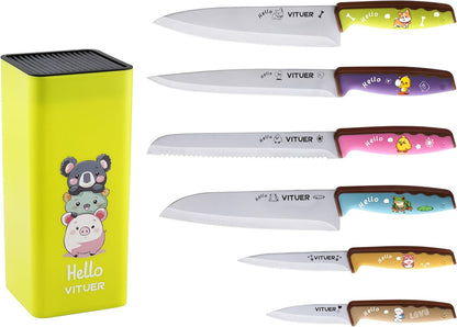 Knife Set, 7PCS Stainless Steel Kitchen Knife Block Set, Dishwasher Safe (Stylish Animal Characters)