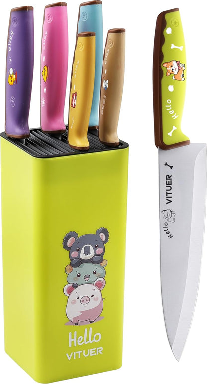 Knife Set, 7PCS Stainless Steel Kitchen Knife Block Set, Dishwasher Safe (Stylish Animal Characters)