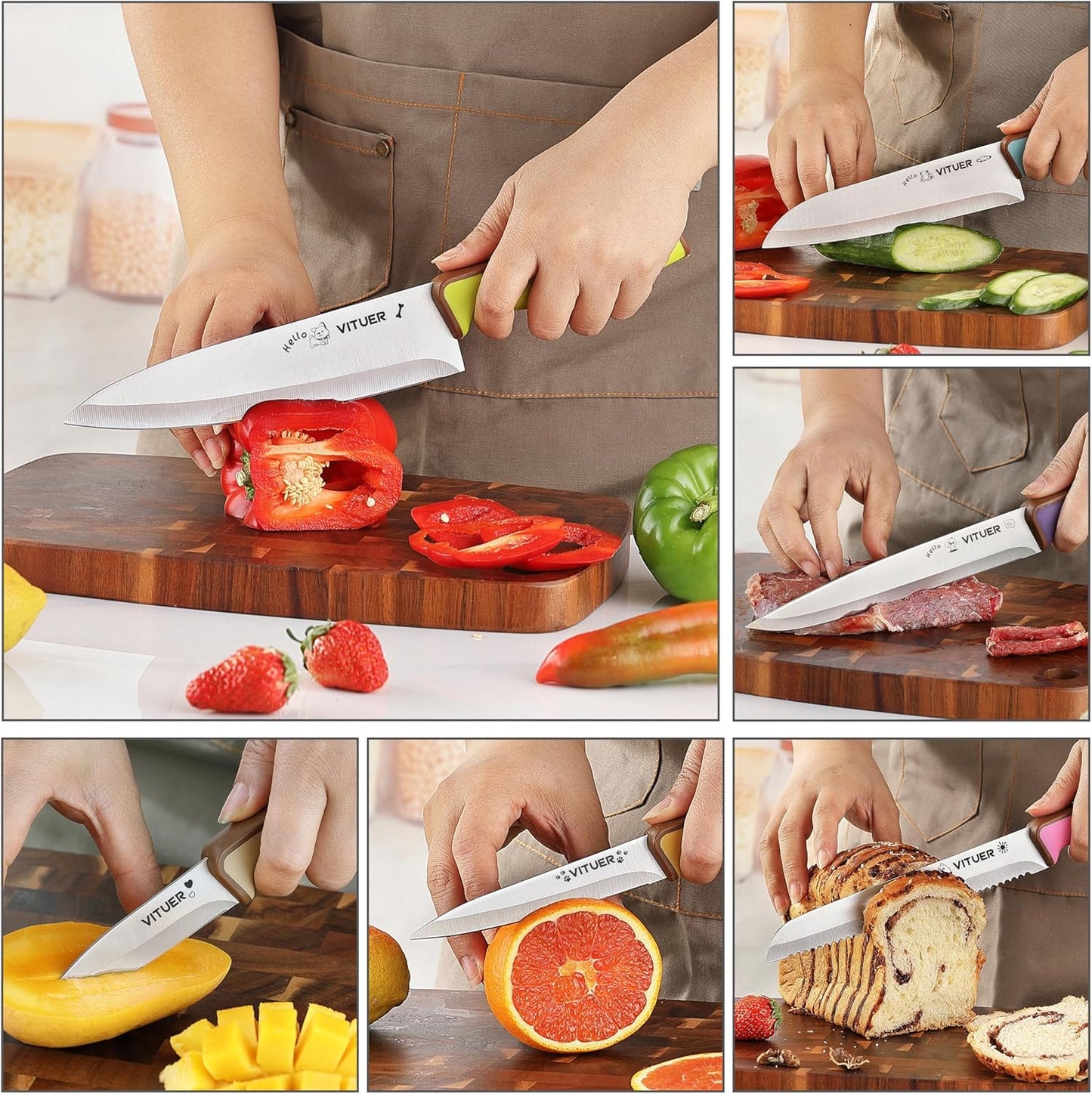 Knife Set, 7PCS Stainless Steel Kitchen Knife Block Set, Dishwasher Safe (Stylish Animal Characters)