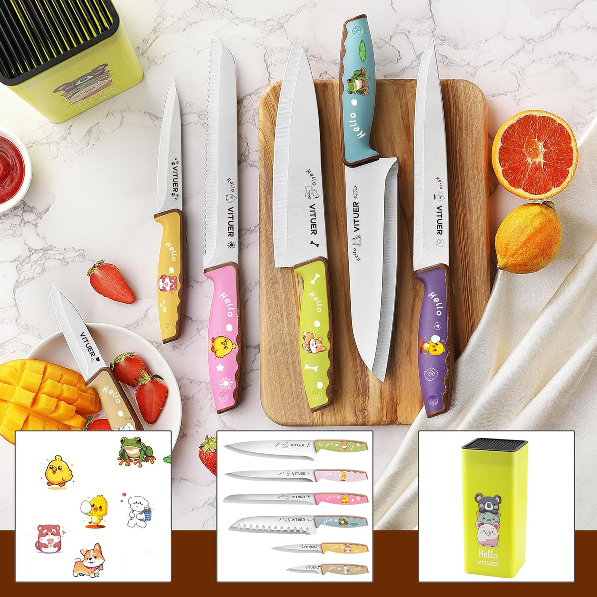 Knife Set, 7PCS Stainless Steel Kitchen Knife Block Set, Dishwasher Safe (Stylish Animal Characters)