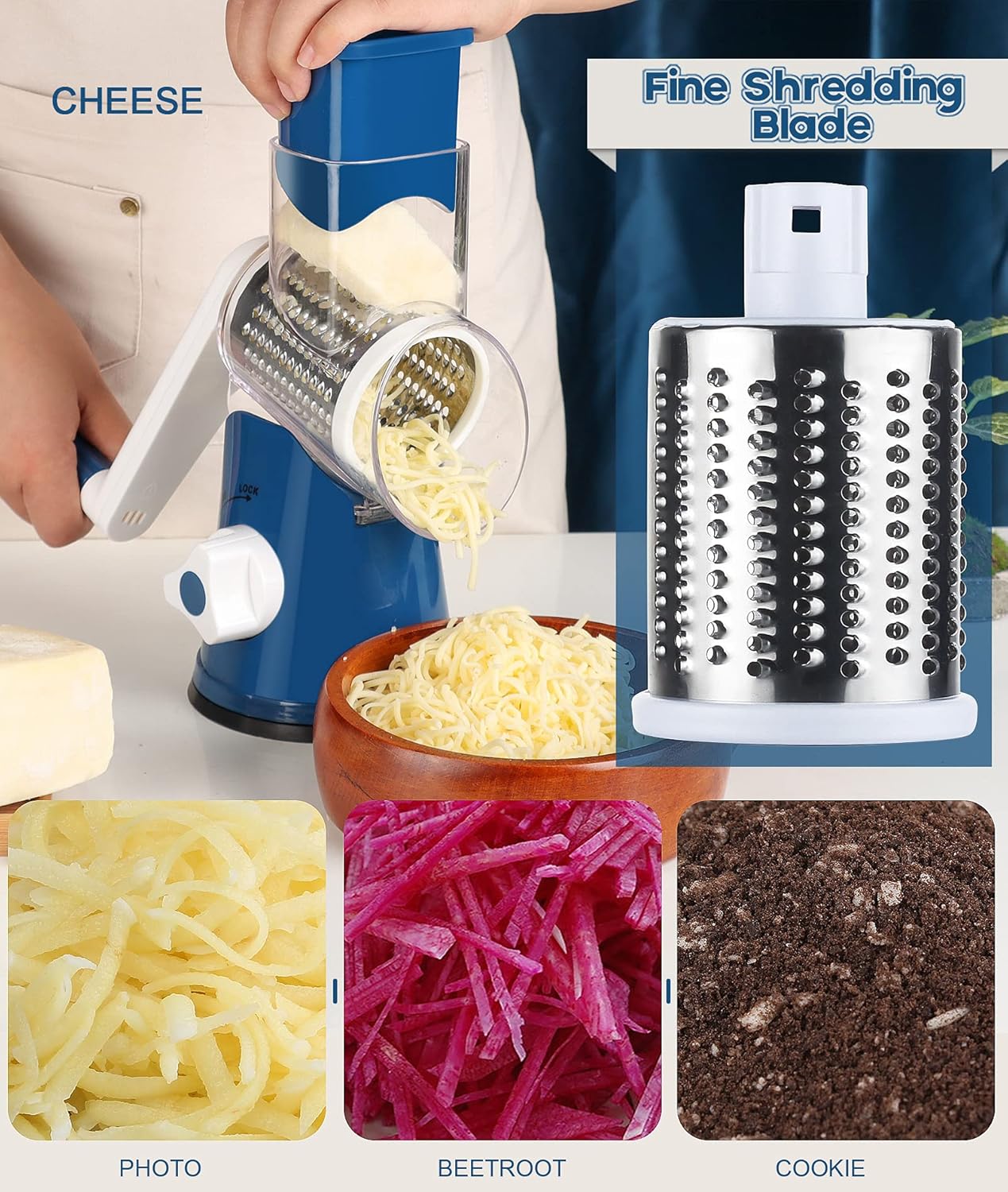 Rotary Cheese Grater Hand Crank, Kitchen Shredder Speed Mandolin Slicer Nuts Grinder with Handle and Drum Blades for Cheese, Vegetable, Walnuts, Chocolate, Potato, Carrot, 3 Blades, White