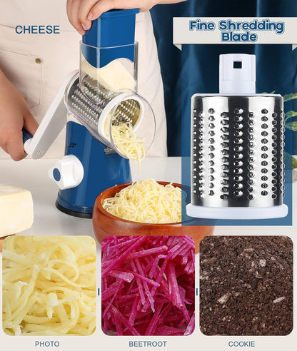Rotary Cheese Grater Hand Crank, Kitchen Shredder Speed Mandolin Slicer Nuts Grinder with Handle and Drum Blades for Cheese, Vegetable, Walnuts, Chocolate, Potato, Carrot, 3 Blades, White