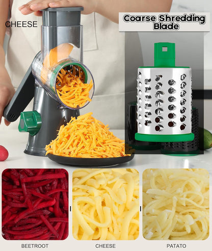 Rotary Cheese Grater Hand Crank, Kitchen Shredder Speed Mandolin Slicer Nuts Grinder with Handle and Drum Blades for Cheese, Vegetable, Walnuts, Chocolate, Potato, Carrot, 3 Blades, White