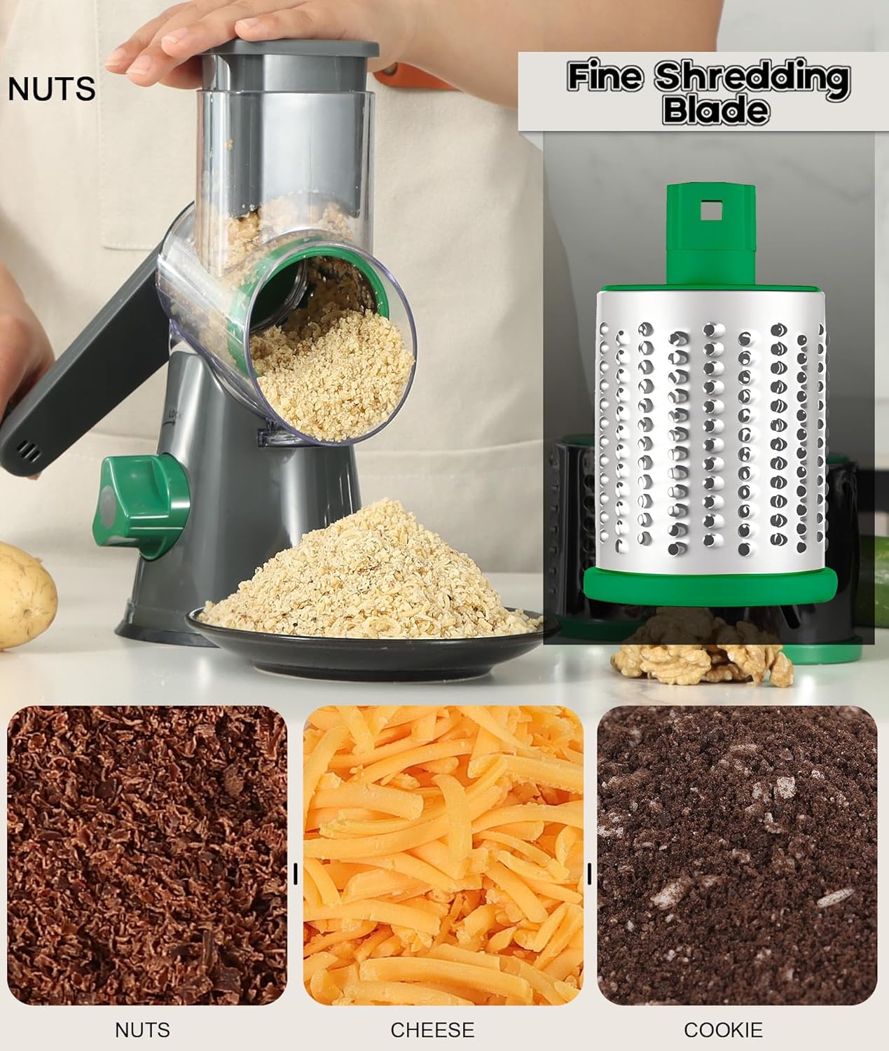 Rotary Cheese Grater Hand Crank, Kitchen Shredder Speed Mandolin Slicer Nuts Grinder with Handle and Drum Blades for Cheese, Vegetable, Walnuts, Chocolate, Potato, Carrot, 3 Blades, White