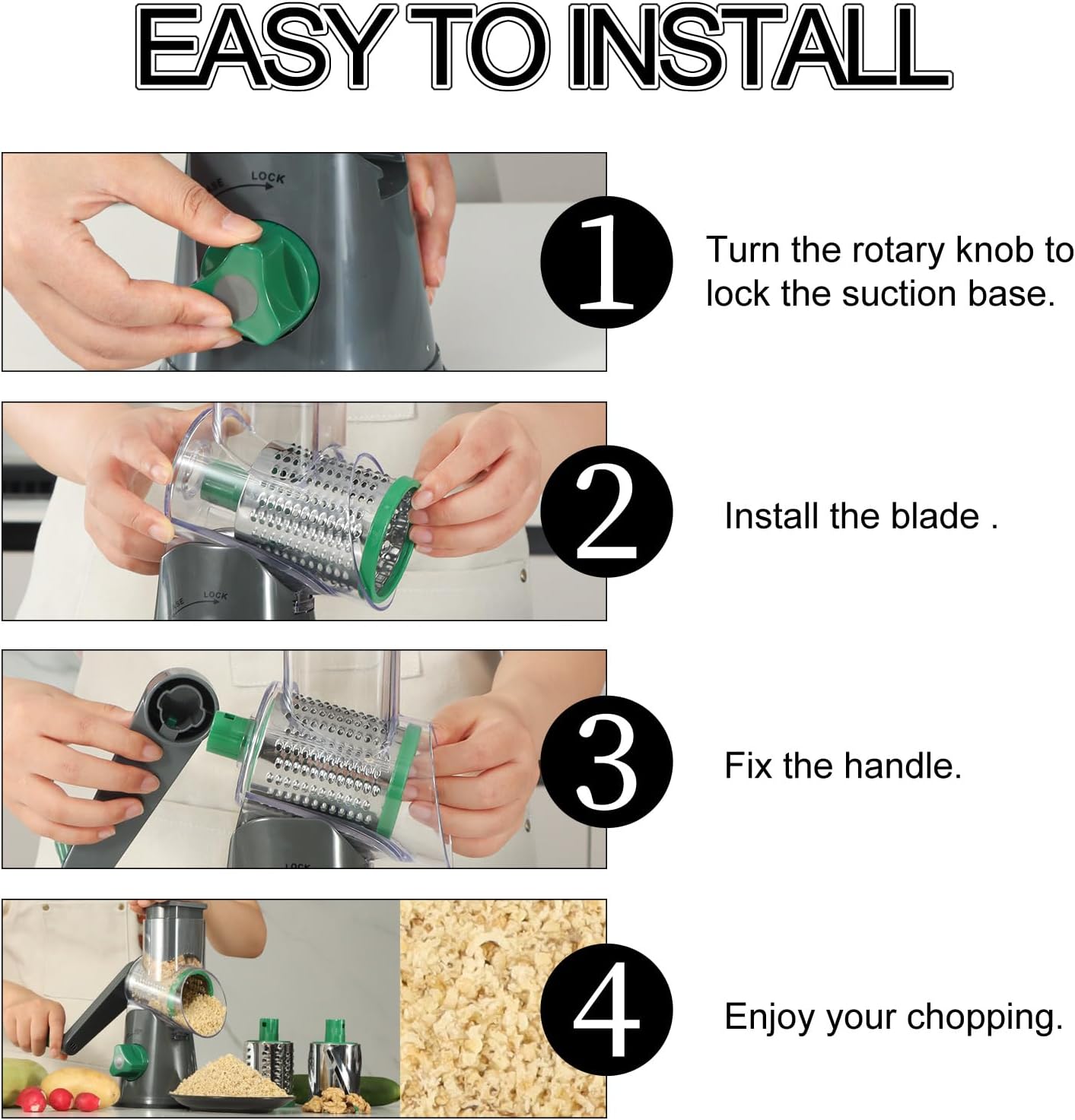 Rotary Cheese Grater Hand Crank, Kitchen Shredder Speed Mandolin Slicer Nuts Grinder with Handle and Drum Blades for Cheese, Vegetable, Walnuts, Chocolate, Potato, Carrot, 3 Blades, White