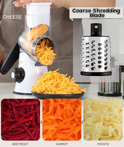 Rotary Cheese Grater Hand Crank, Kitchen Shredder Speed Mandolin Slicer Nuts Grinder with Handle and Drum Blades for Cheese, Vegetable, Walnuts, Chocolate, Potato, Carrot, 3 Blades, White