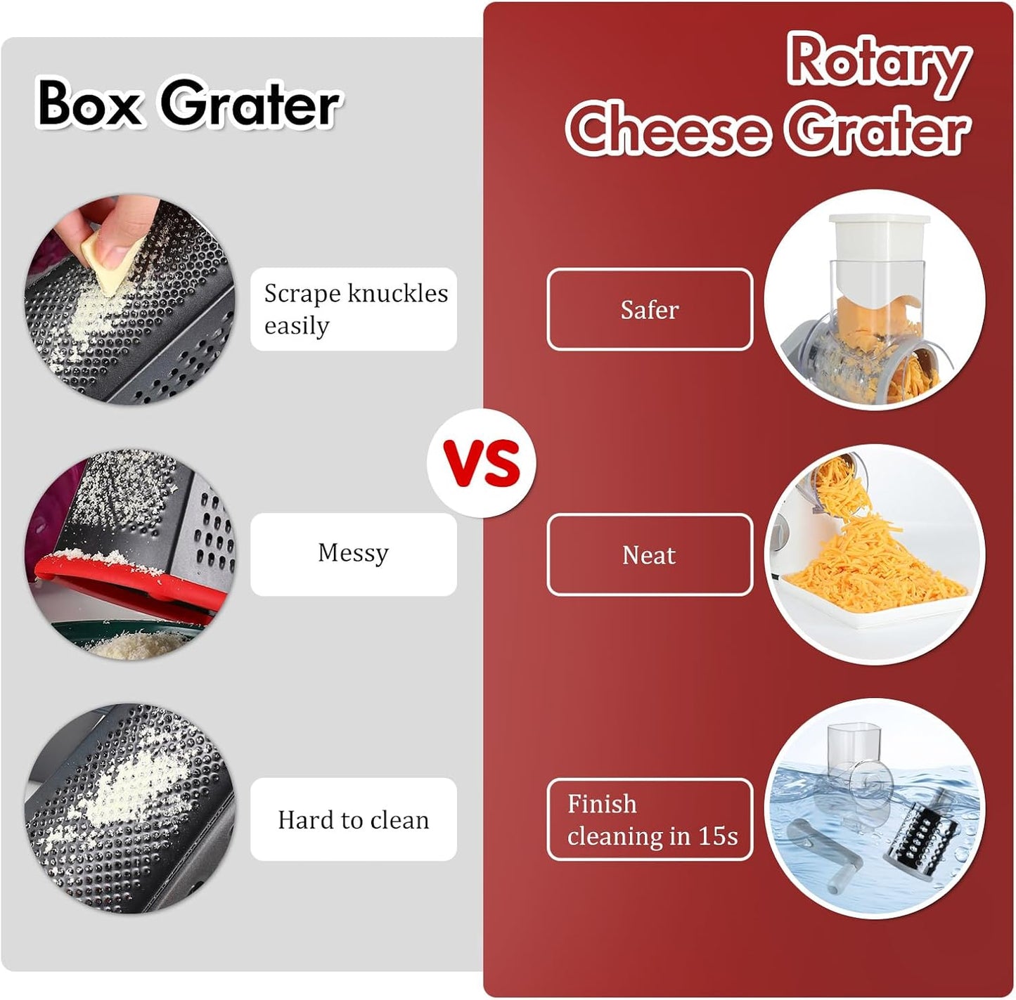 Rotary Cheese Grater Hand Crank, Kitchen Shredder Speed Mandolin Slicer Nuts Grinder with Handle and Drum Blades for Cheese, Vegetable, Walnuts, Chocolate, Potato, Carrot, 3 Blades, White