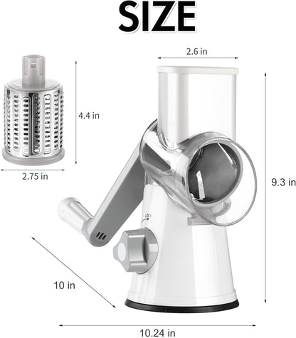 Rotary Cheese Grater Hand Crank, Kitchen Shredder Speed Mandolin Slicer Nuts Grinder with Handle and Drum Blades for Cheese, Vegetable, Walnuts, Chocolate, Potato, Carrot, 3 Blades, White