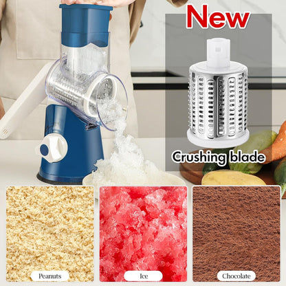Rotary Cheese Grater Hand Crank, Kitchen Shredder Speed Mandolin Slicer Nuts Grinder with Handle and Drum Blades for Cheese, Vegetable, Walnuts, Chocolate, Potato, Carrot, 3 Blades, White
