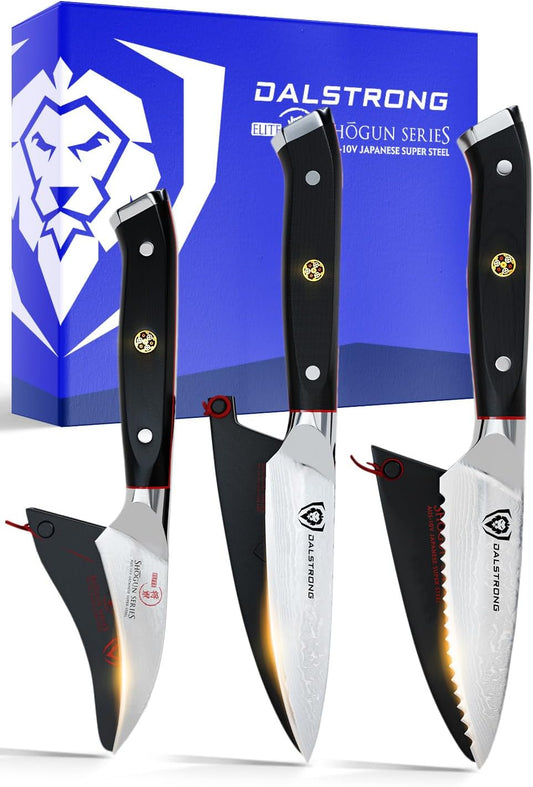 3-Piece Paring Knife Set — 3.5" Paring, 3" Bird's Beak & 3.5" Serrated — AUS-10V Damascus, 62+ HRC — For In-Hand Peeling, Garnish & Detail Work — G10 Handles, Shogun ELITE, customer support