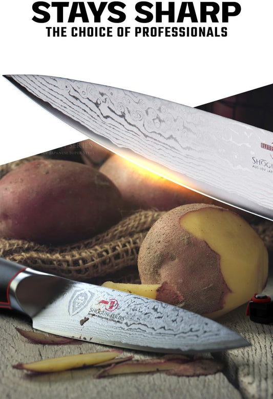 3-Piece Paring Knife Set — 3.5" Paring, 3" Bird's Beak & 3.5" Serrated — AUS-10V Damascus, 62+ HRC — For In-Hand Peeling, Garnish & Detail Work — G10 Handles, Shogun ELITE, customer support