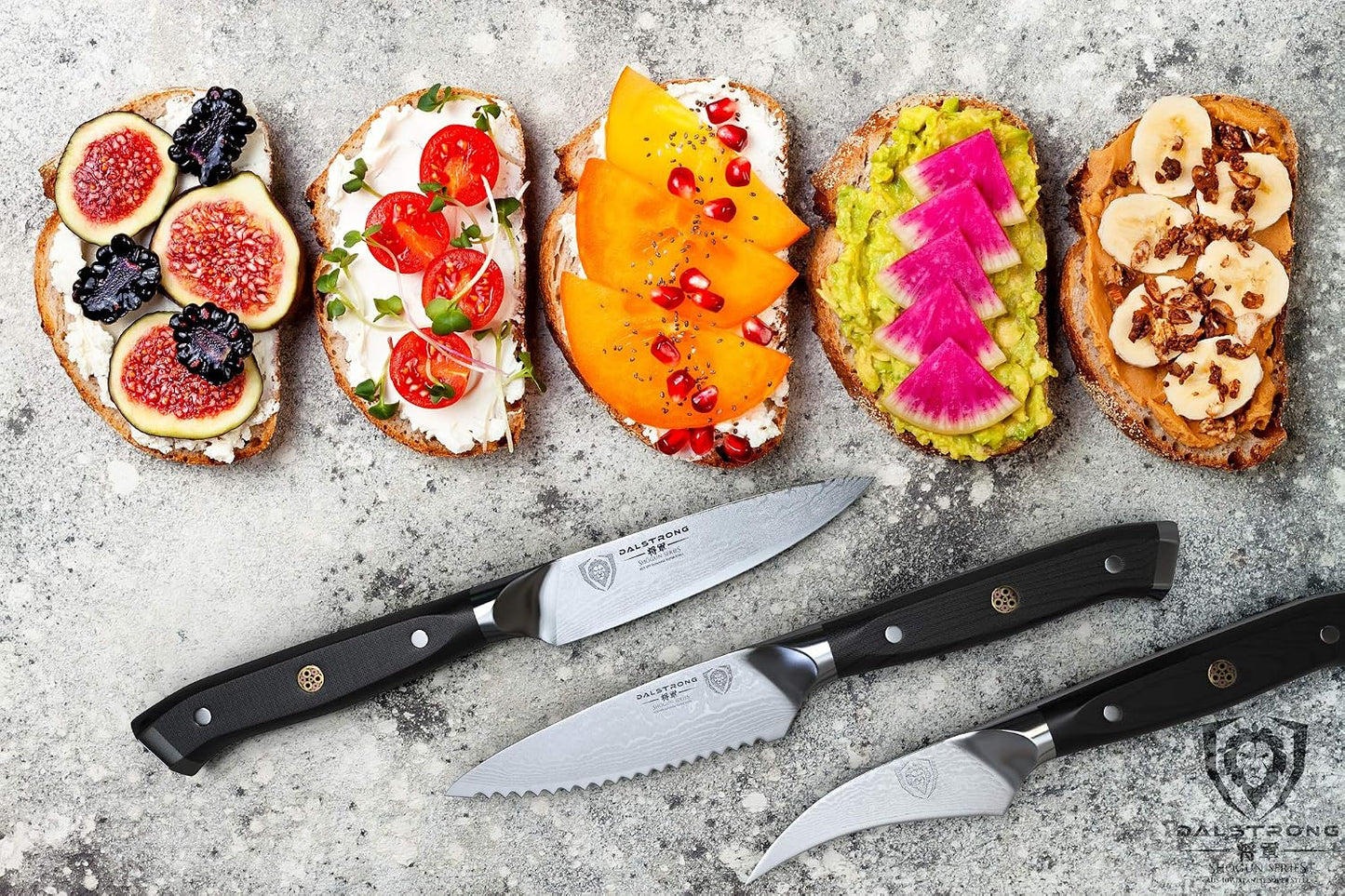 3-Piece Paring Knife Set — 3.5" Paring, 3" Bird's Beak & 3.5" Serrated — AUS-10V Damascus, 62+ HRC — For In-Hand Peeling, Garnish & Detail Work — G10 Handles, Shogun ELITE, customer support