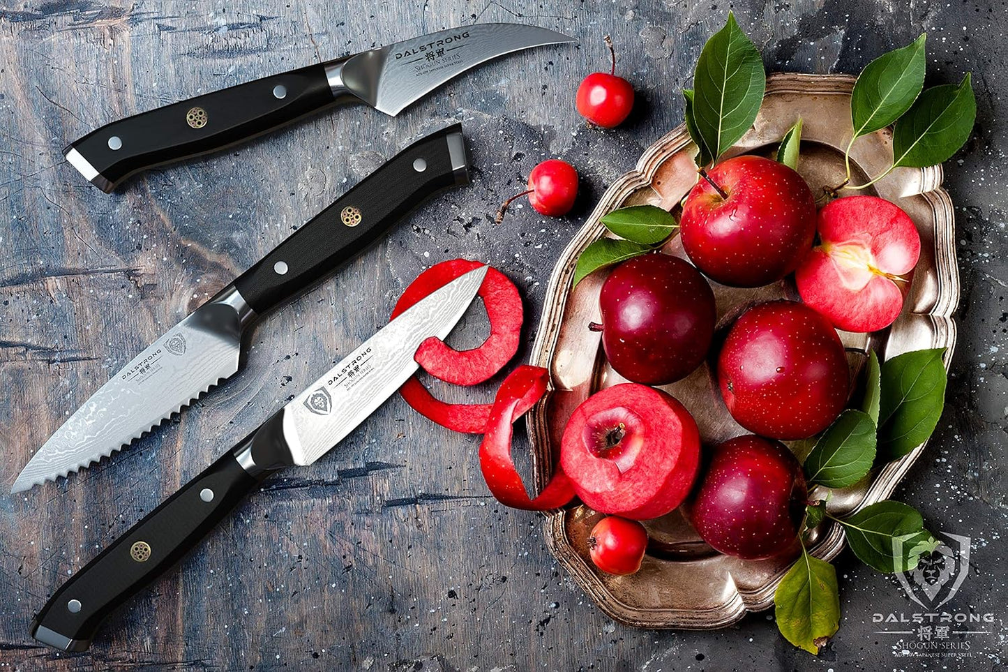 3-Piece Paring Knife Set — 3.5" Paring, 3" Bird's Beak & 3.5" Serrated — AUS-10V Damascus, 62+ HRC — For In-Hand Peeling, Garnish & Detail Work — G10 Handles, Shogun ELITE, customer support