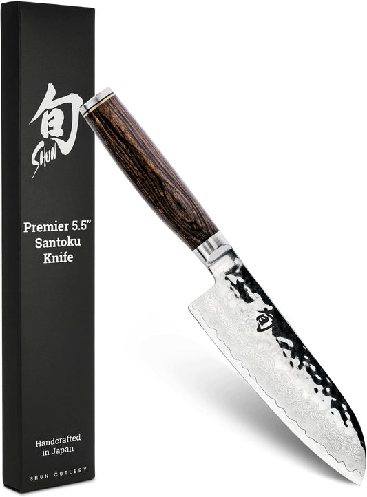 Premier 5.5" Santoku Knife, Handcrafted and Hand-Sharpened Japanese All Purpose Knife, VG-MAX Core with Damascus Stainless Steel Cladding, Pakkawood Handle, Versatile Japanese Cutting Tool