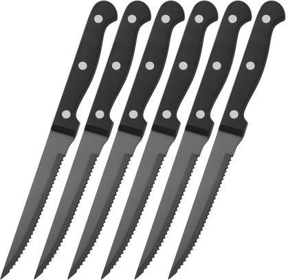 black steak knife set of 6, Stainless Steel Colored Steak Knifes, Serrated Steak Knives for Table, 4.5 Inches Sharp Blade Flatware Knives