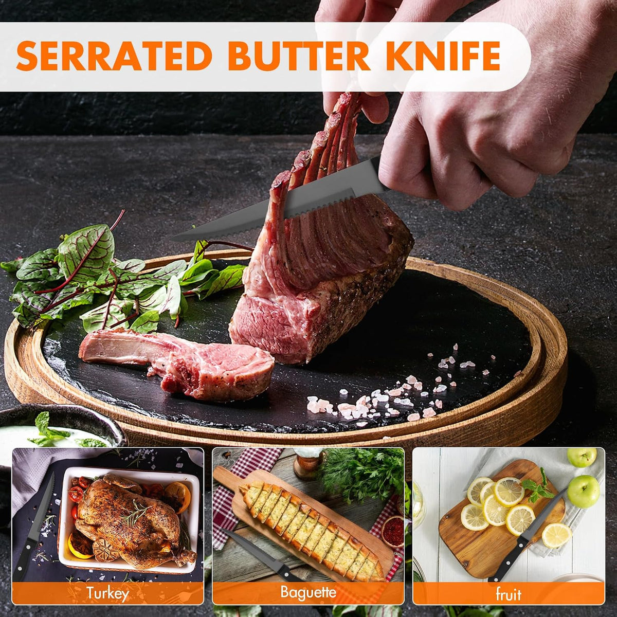 black steak knife set of 6, Stainless Steel Colored Steak Knifes, Serrated Steak Knives for Table, 4.5 Inches Sharp Blade Flatware Knives