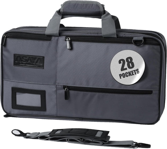 Asaya Chef Knife Bag - 28-Pocket Knives Carrying Case for Kitchen Tools and Utensils, Ballistic Nylon Chef Knife Roll Bag with Adjustable Shoulder Strap - Knives Not Included (Grey)