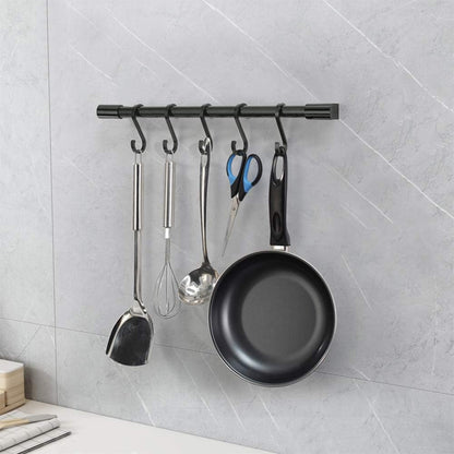 Black Kitchen Rail with Hooks, 17.3 Inch Kitchen Rod with 5 Hooks | Pan and Pot Hangers for Kitchen Wall Mounted, Kitchen Utensil Bar with Removable S Hook, Aluminum