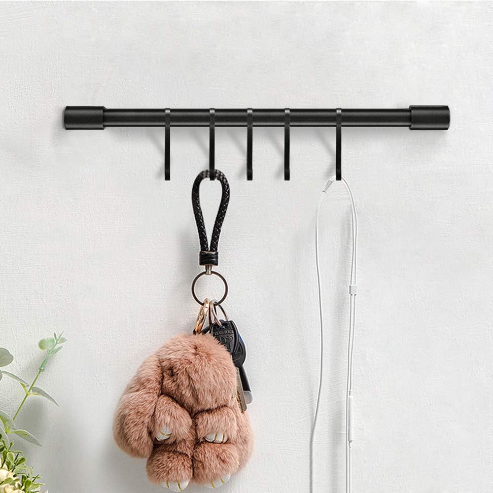 Black Kitchen Rail with Hooks, 17.3 Inch Kitchen Rod with 5 Hooks | Pan and Pot Hangers for Kitchen Wall Mounted, Kitchen Utensil Bar with Removable S Hook, Aluminum