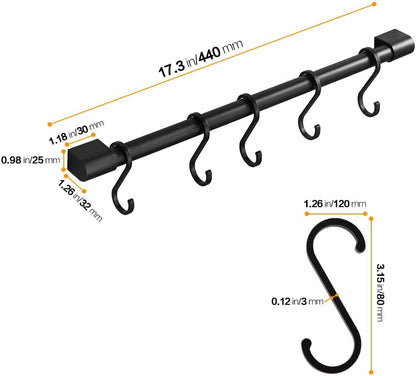 Black Kitchen Rail with Hooks, 17.3 Inch Kitchen Rod with 5 Hooks | Pan and Pot Hangers for Kitchen Wall Mounted, Kitchen Utensil Bar with Removable S Hook, Aluminum