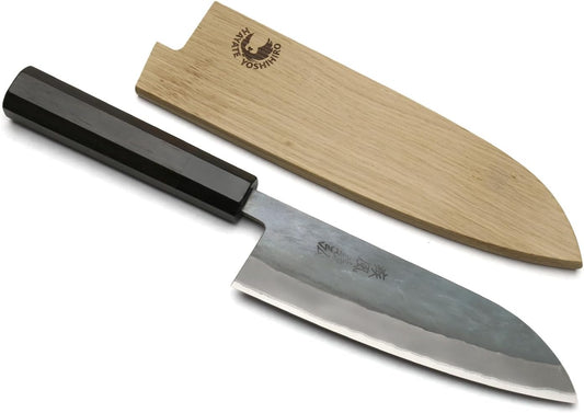 Yoshihiro Kurouchi Black-Forged Blue Steel Stainless Clad Santoku Multipurpose Knife Ebony Handle (6.5'' (165mm) & Saya)