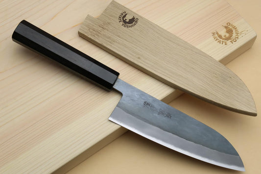 Yoshihiro Kurouchi Black-Forged Blue Steel Stainless Clad Santoku Multipurpose Knife Ebony Handle (6.5'' (165mm) & Saya)