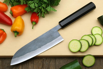 Yoshihiro Kurouchi Black-Forged Blue Steel Stainless Clad Santoku Multipurpose Knife Ebony Handle (6.5'' (165mm) & Saya)