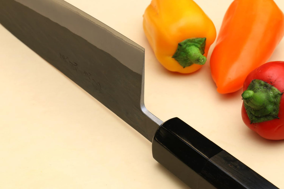 Yoshihiro Kurouchi Black-Forged Blue Steel Stainless Clad Santoku Multipurpose Knife Ebony Handle (6.5'' (165mm) & Saya)