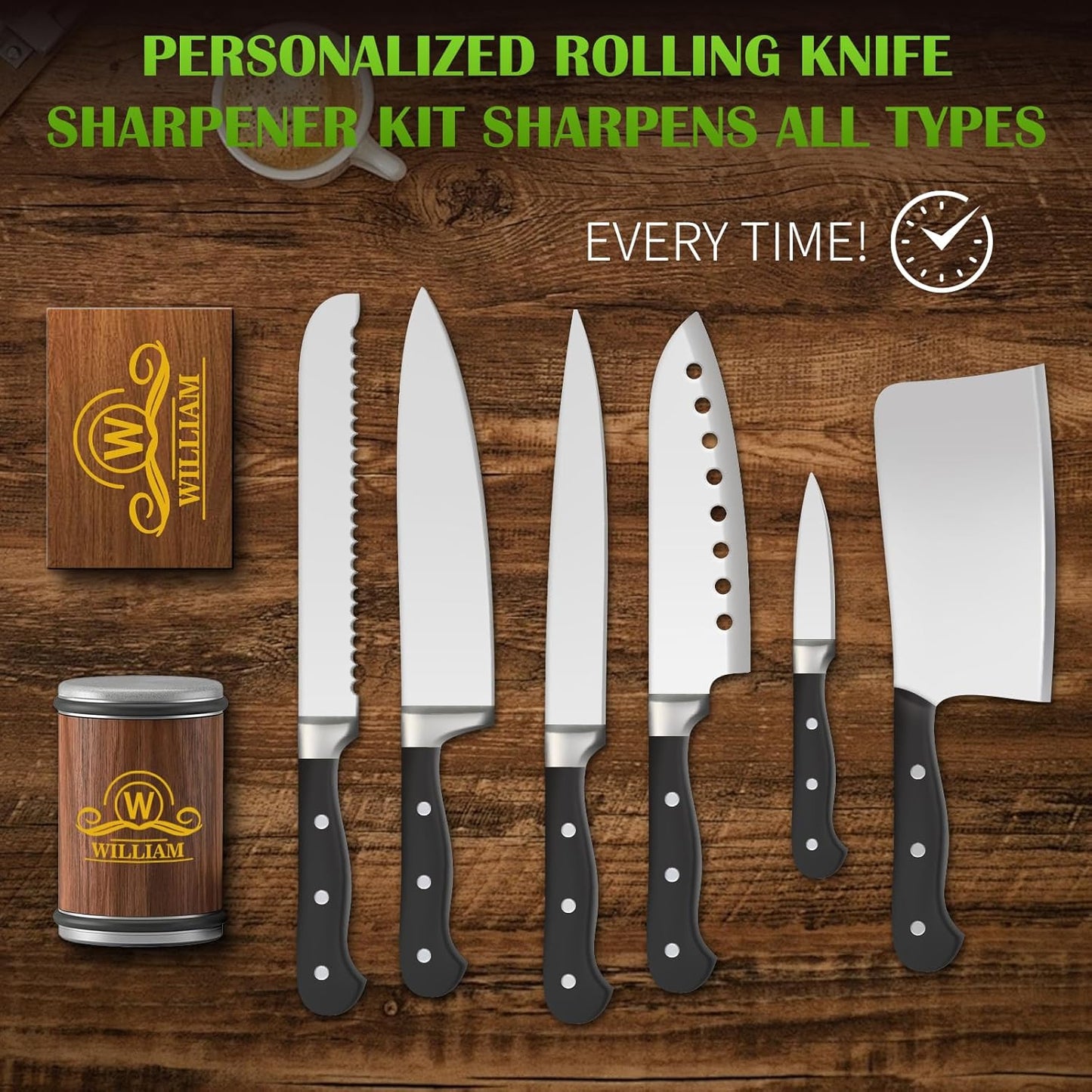 Personalized Rolling Knife Sharpener Kit, Knife Sharpener Tool with Replaceable Discs, 15° & 20° Magnetic Angles for Any Blade Hardness, knife Sharpener for Chefs & Cooks, knife collectors