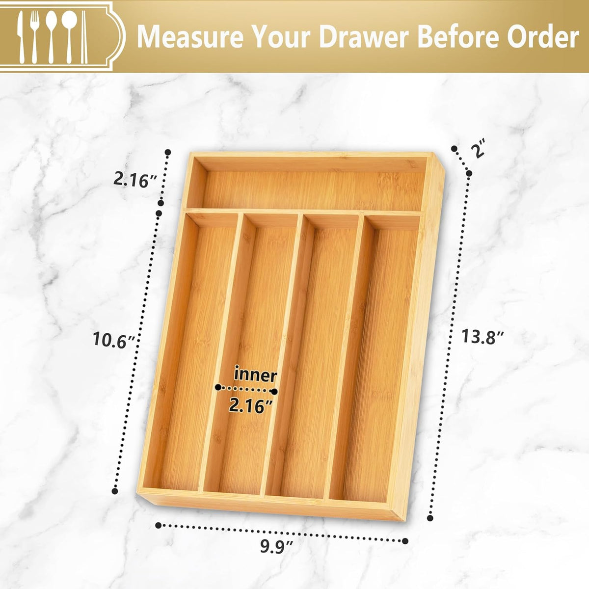 Silverware Organizer, 10 Inch Utensil Organizer Kitchen Drawer Organizer Bamboo Silverware Holder Cutlery Tray Organizer in Drawer Flatware Organizer Tray(5 slots, Natural