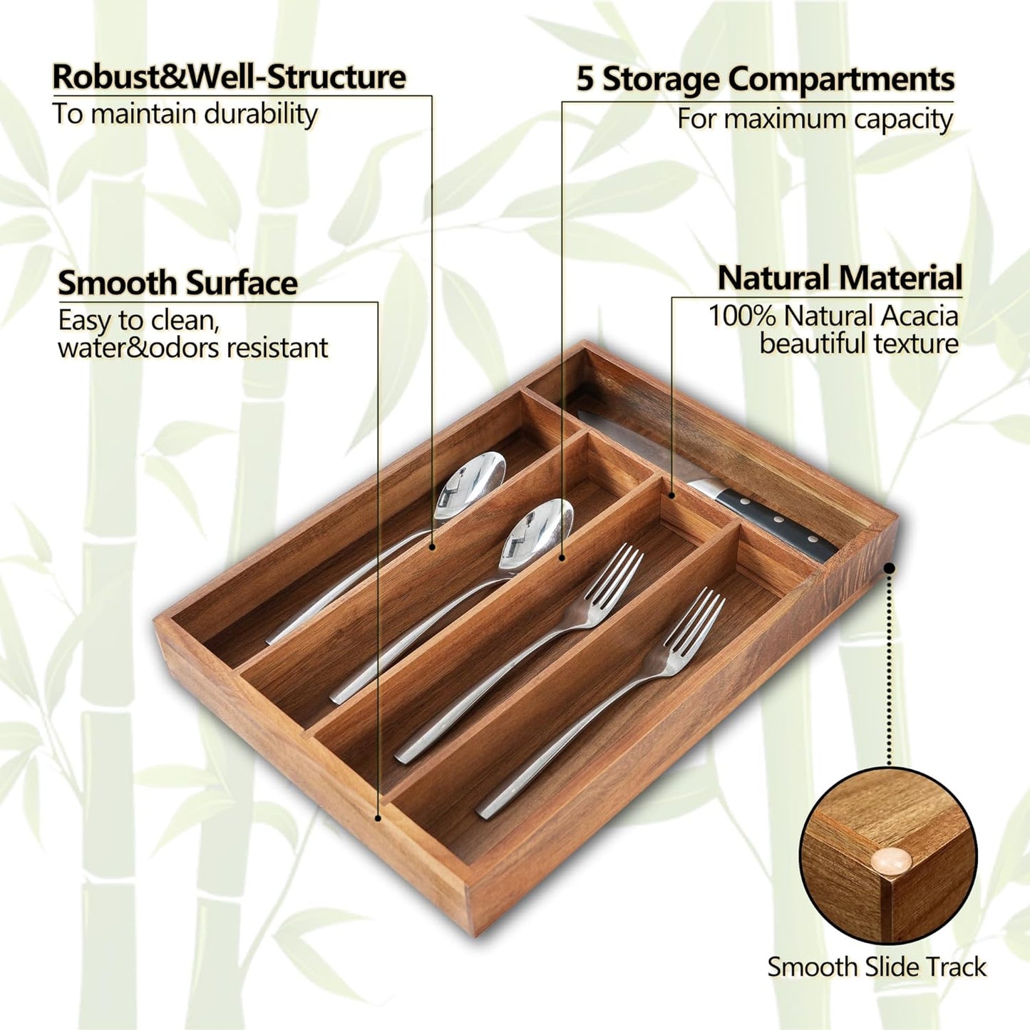 Silverware Organizer, 10 Inch Utensil Organizer Kitchen Drawer Organizer Bamboo Silverware Holder Cutlery Tray Organizer in Drawer Flatware Organizer Tray(5 slots, Natural
