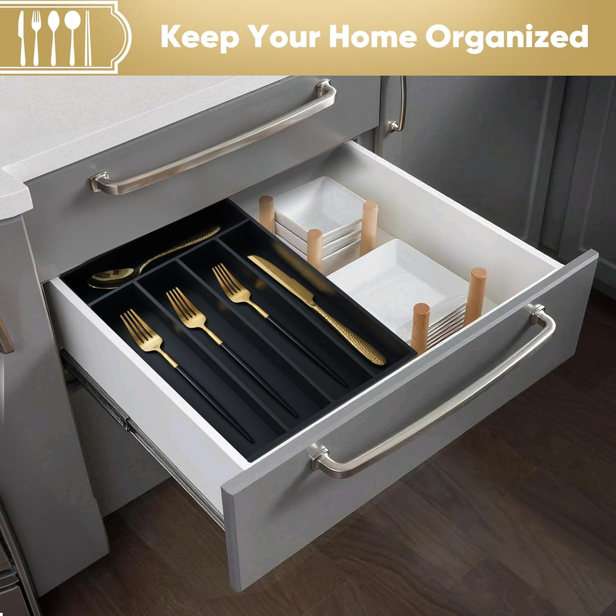 Silverware Organizer, 10 Inch Utensil Organizer Kitchen Drawer Organizer Bamboo Silverware Holder Cutlery Tray Organizer in Drawer Flatware Organizer Tray(5 slots, Natural