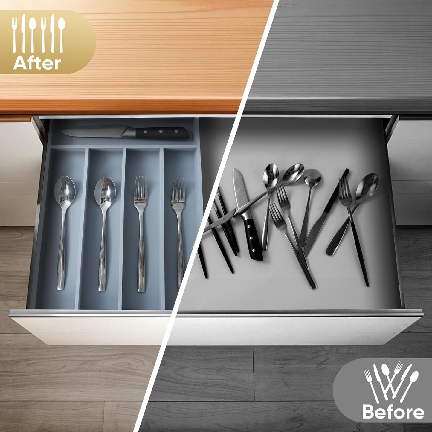 Silverware Organizer, 10 Inch Utensil Organizer Kitchen Drawer Organizer Bamboo Silverware Holder Cutlery Tray Organizer in Drawer Flatware Organizer Tray(5 slots, Natural