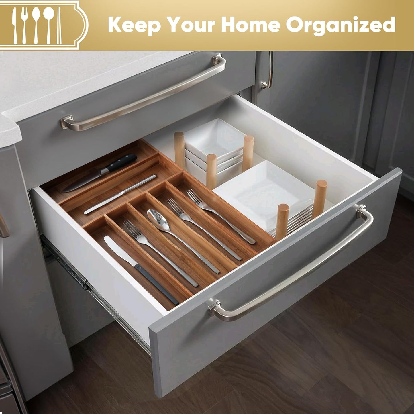 Silverware Organizer, 10 Inch Utensil Organizer Kitchen Drawer Organizer Bamboo Silverware Holder Cutlery Tray Organizer in Drawer Flatware Organizer Tray(5 slots, Natural