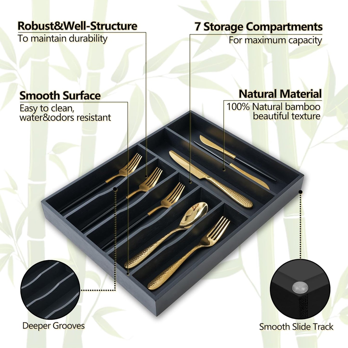 Silverware Organizer, 10 Inch Utensil Organizer Kitchen Drawer Organizer Bamboo Silverware Holder Cutlery Tray Organizer in Drawer Flatware Organizer Tray(5 slots, Natural