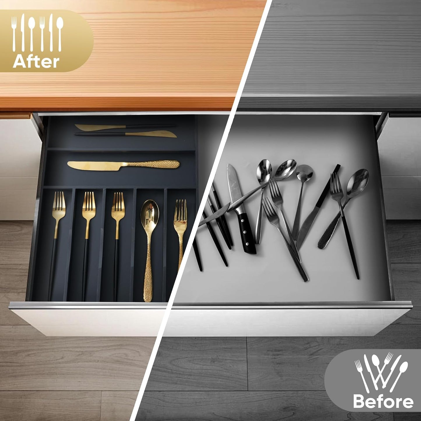Silverware Organizer, 10 Inch Utensil Organizer Kitchen Drawer Organizer Bamboo Silverware Holder Cutlery Tray Organizer in Drawer Flatware Organizer Tray(5 slots, Natural