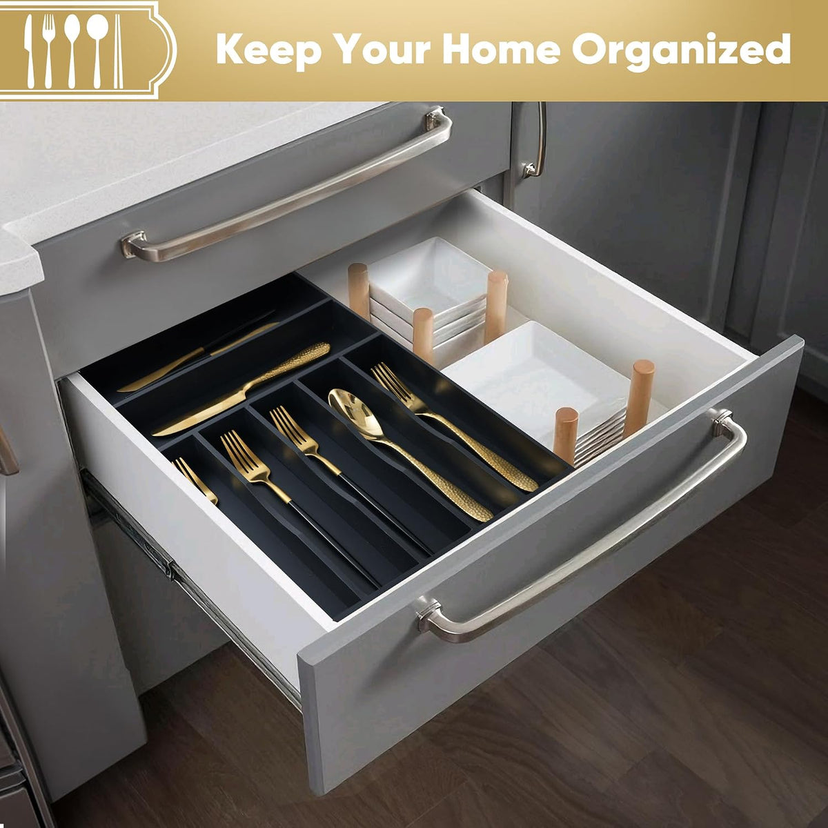 Silverware Organizer, 10 Inch Utensil Organizer Kitchen Drawer Organizer Bamboo Silverware Holder Cutlery Tray Organizer in Drawer Flatware Organizer Tray(5 slots, Natural