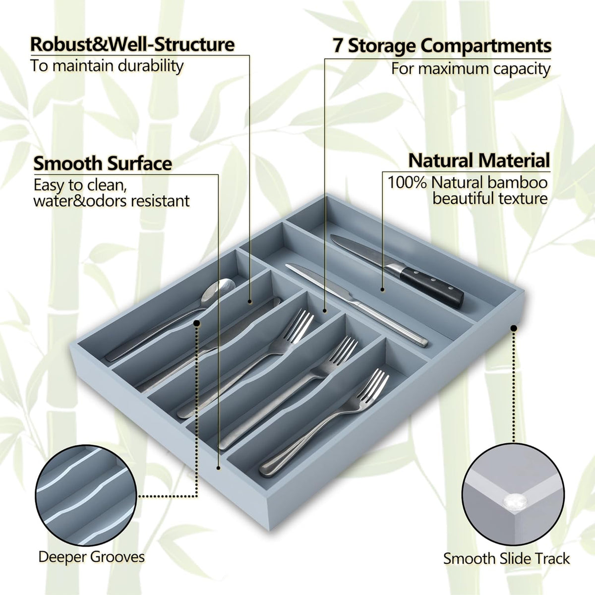 Silverware Organizer, 10 Inch Utensil Organizer Kitchen Drawer Organizer Bamboo Silverware Holder Cutlery Tray Organizer in Drawer Flatware Organizer Tray(5 slots, Natural
