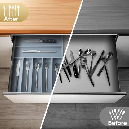 Silverware Organizer, 10 Inch Utensil Organizer Kitchen Drawer Organizer Bamboo Silverware Holder Cutlery Tray Organizer in Drawer Flatware Organizer Tray(5 slots, Natural